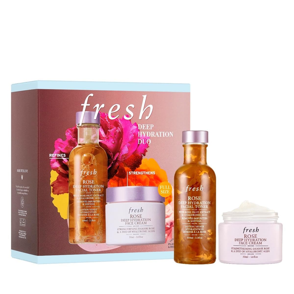 Deep Hydration Duo by Fresh for Women - 2 Pc 3.3oz Rose Deep Hydration Facial Toner, 1.6oz Rose Deep Hydration Face Cream