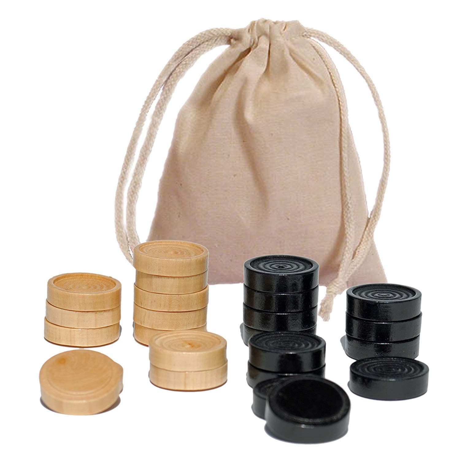 WE Games Wood Backgammon Chips with Cloth Pouch - Black & Natural 1.125 in. Diameter - Set of 30