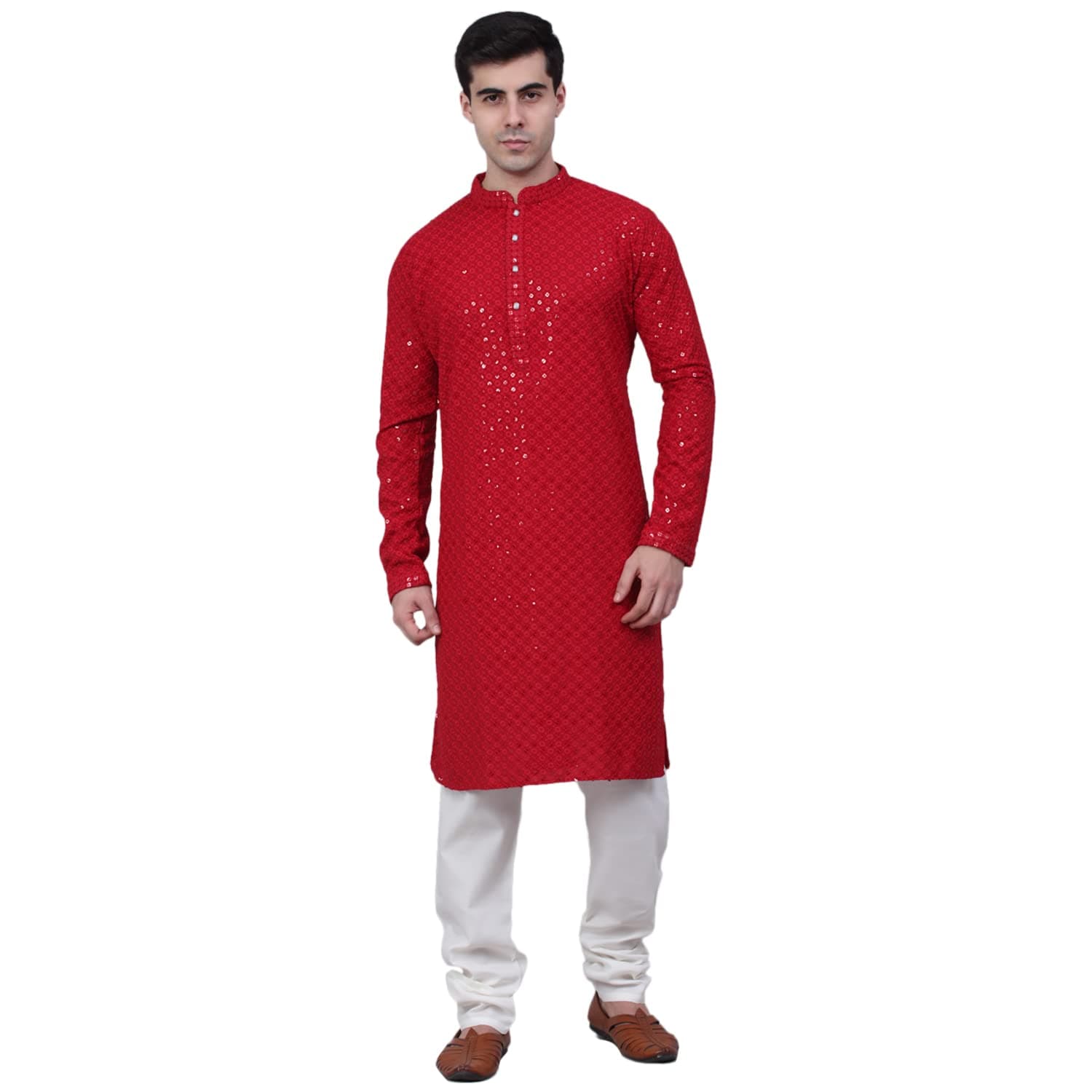 JompersMen Chikankari Embroidered and Sequence Kurta with Churidar