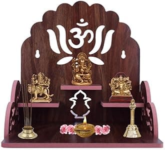 Wood Hand Crafted Om with Lotus Pattern Office Temple for Puja Temple for Home and Office l Devghar Puja l Wooden Mandir (Brown-2) (Pack of 1)