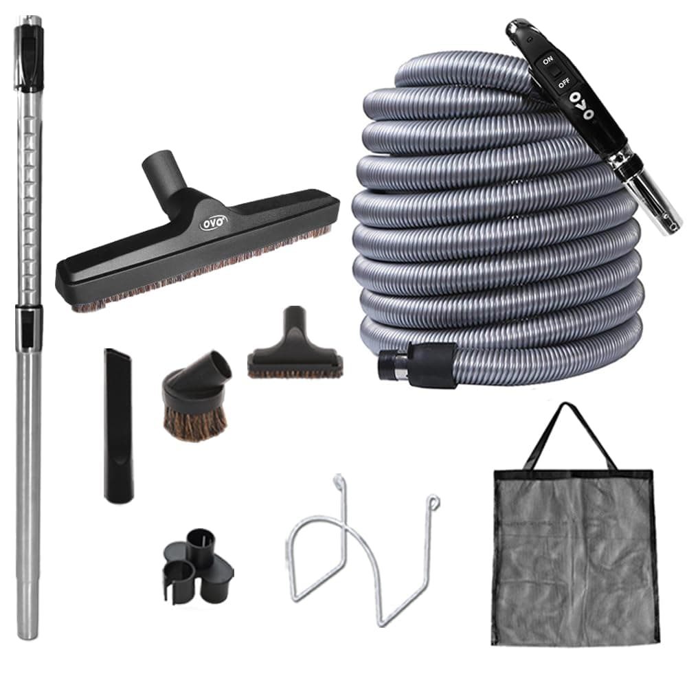Ovo Central Vacuum Deluxe Plus Accessories Kit, With 40ft Low-Voltage hose, ON/OFF Control at the handle, 12’’ floor brush and accessories, For hard surfaces