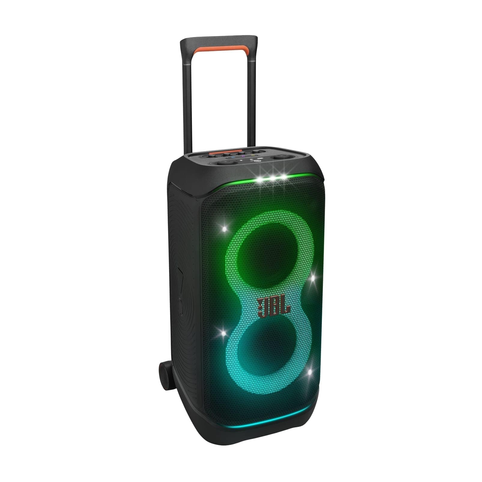 JBL PartyBox Stage 320 Portable Bluetooth Party Speaker with Wheels and Telescopic Handle, JBL Pro Sound, Splashproof Design, Light Show, AI Sound Boost, 18-Hour Playtime, Black