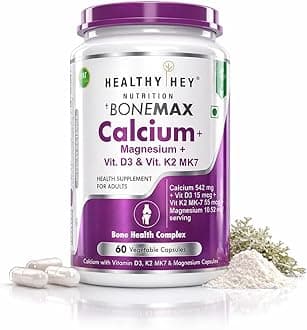 HealthyHey Nutrition Vegan Calcium with Magnesium, Vitamin D3 & Vitamin K2- Mk7 - BoneMax - Bone Health Complex - 60 Vegetable Capsules