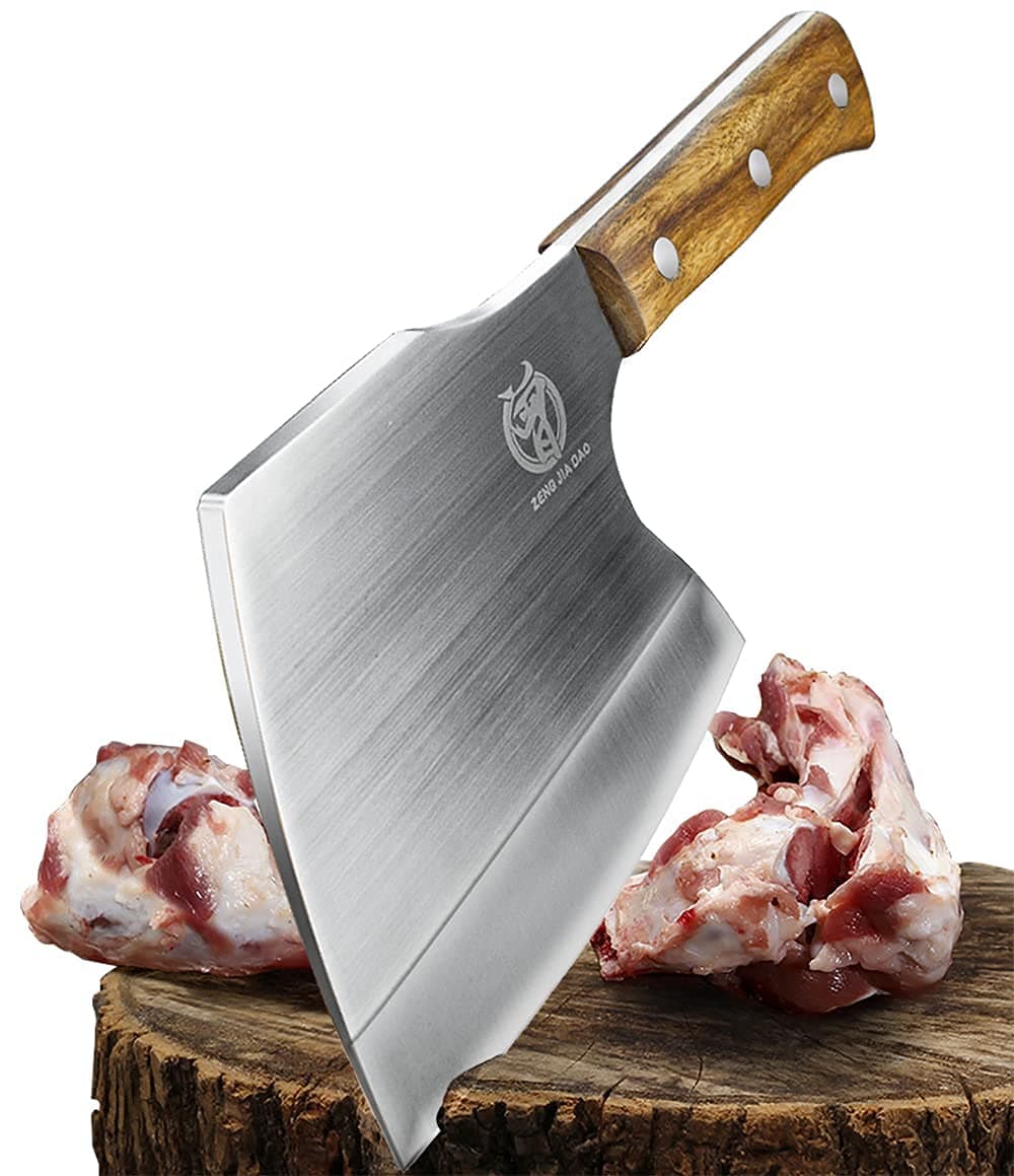 ZENG JIA DAO Big Bones Cleaver Knife - Heavy Duty Butcher Knife - Axe Chopper for Kitchen Restaurant Farm and Slaughterhouse- Cutting any bones- Solid Pear Wood Handle - Gift for Tough Guys