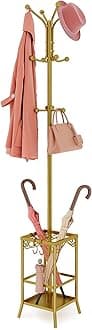 Coat Rack Freestanding, Coat Tree with Umbrella Holder, Metal Coat Rack Stand with 12 Hooks, Standing Coat Hanger Stand, Umbrella Stand for Entryway, Hat Rack Stand for Home Office, Gold
