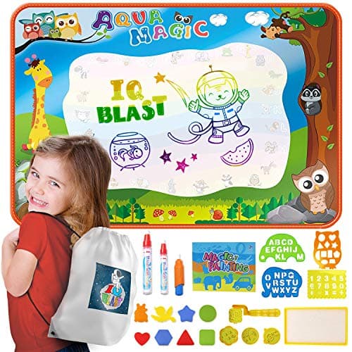 IQ BLAST Aqua Magic Doodle Mat Large Water Drawing Mat for Kids Toys Toddler Educational Painting Color Board with 2 Magic Pens, 1 Magic Brush, and Drawing Stamps Accessories Boys Girls Aquadoodle Age