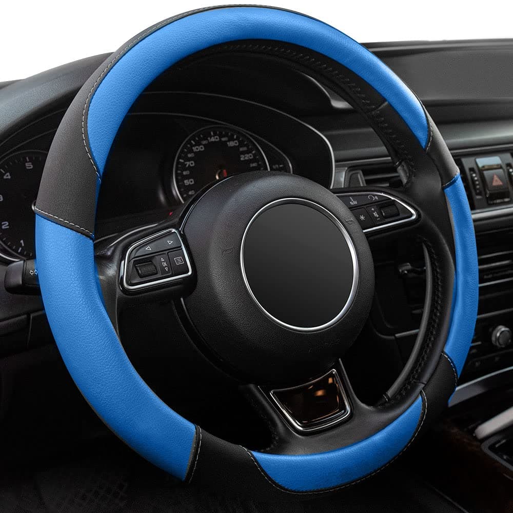 Xizopucy Black and Blue Microfiber Leather Steering Wheel Cover,Universal 15 inch Steering Wheel Covers for Car Truck SUV,Breathable, Anti Slip & Odor Free(Black+Blue)…