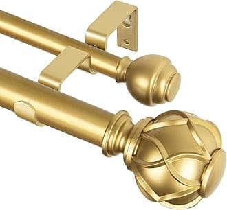 KAMANINA 1 Inch Double Curtain Rods for Windows 72 to 144 Inches (6-12 Feet)，Warm Gold Heavy Duty Double Curtain Rod, Telescoping Drapery Rod with Netted Texture Finials