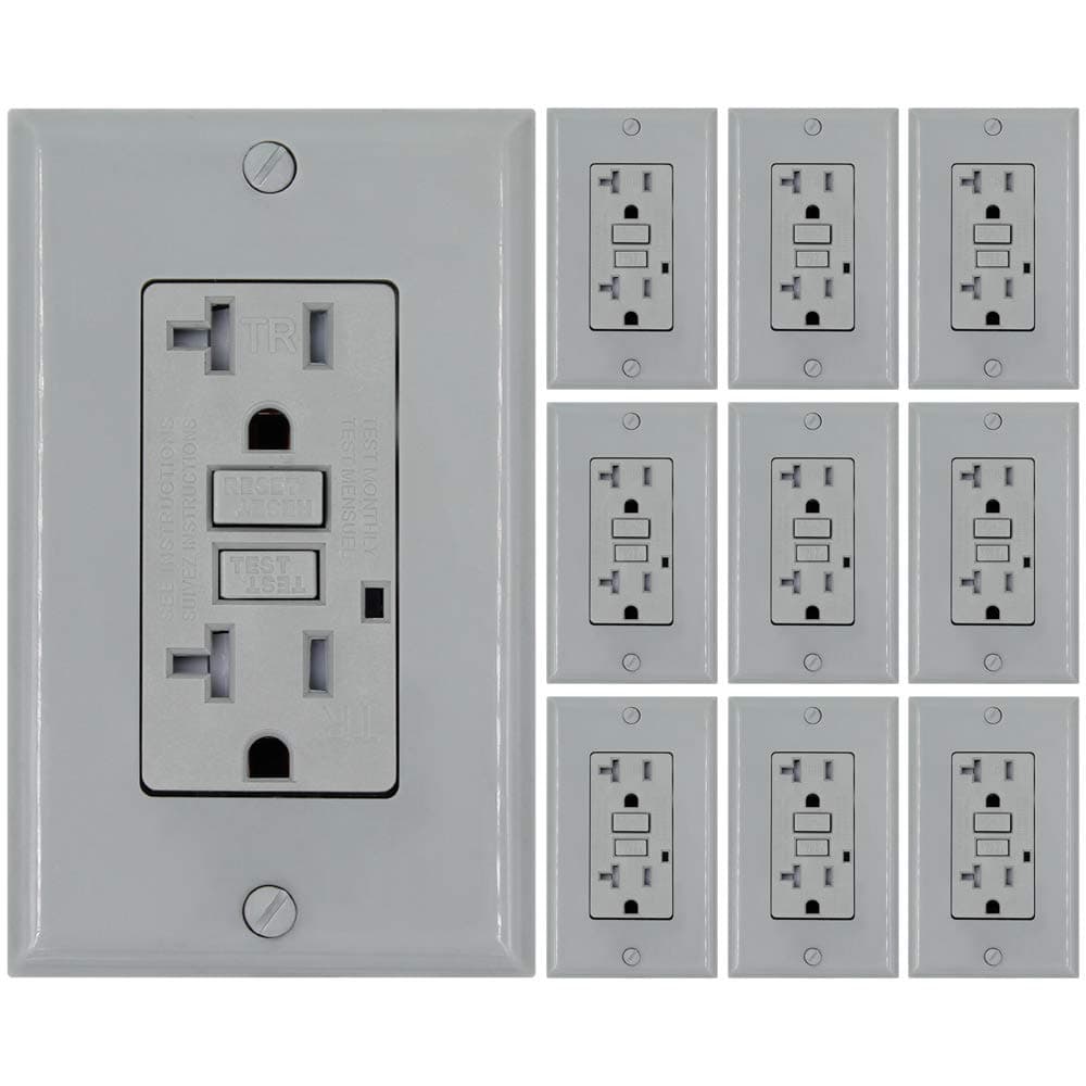 20 Amp GFCI Wall Outlet Receptacle - Grey 10 Pack, 125 Volt Tamper Resistant Duplex with LED Indicator Light. UL Listed and Comes with Wall plate and Screws.