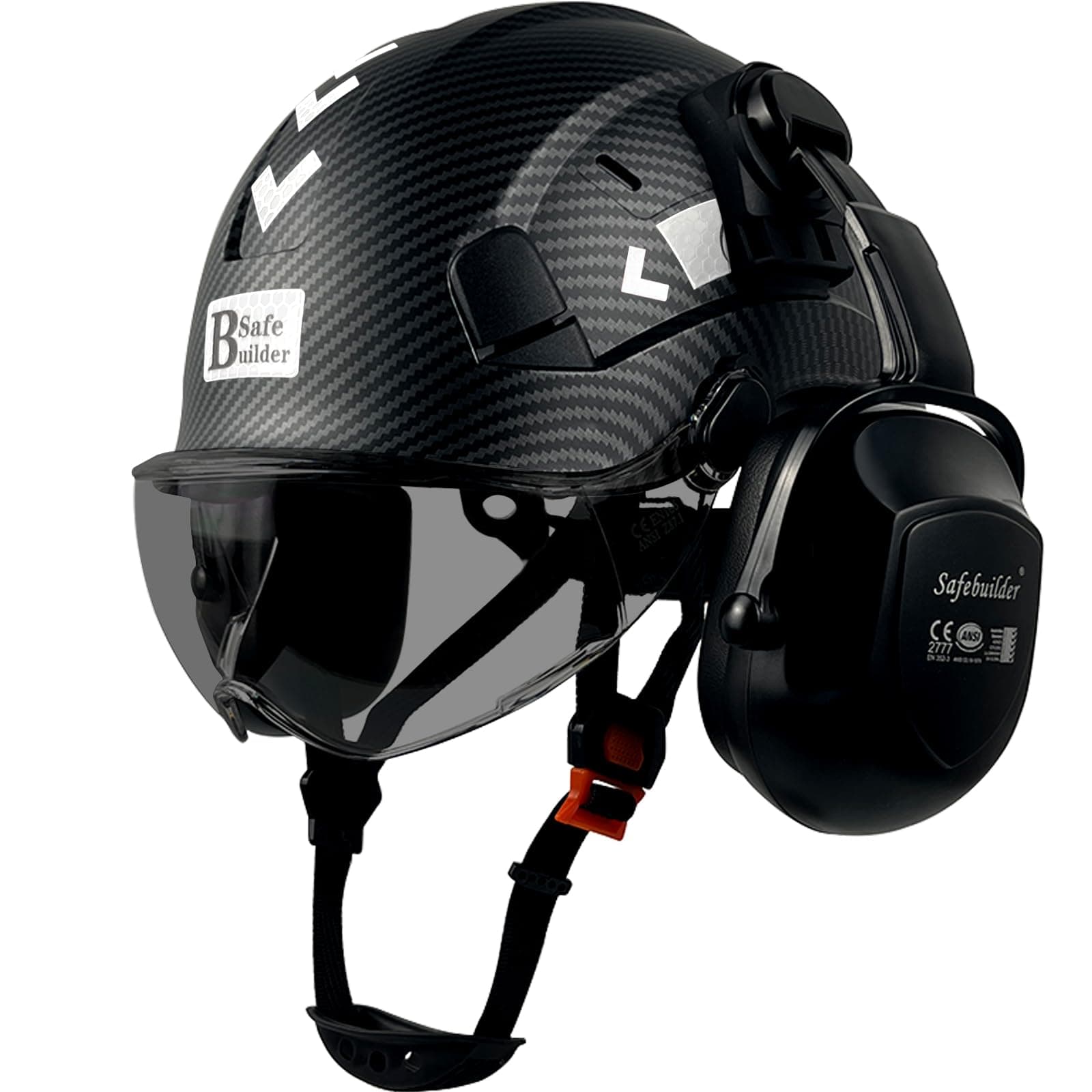 SAFEBUILDER Safety Helmet with Visor Ear Muffs Work at Hight Carbon Fiber Abs Hard Hats for Industrial Construction Head Protection ANSI Z89.1 Approve (Matte Black+Tinted Visor+BR1 Ear Muffs)