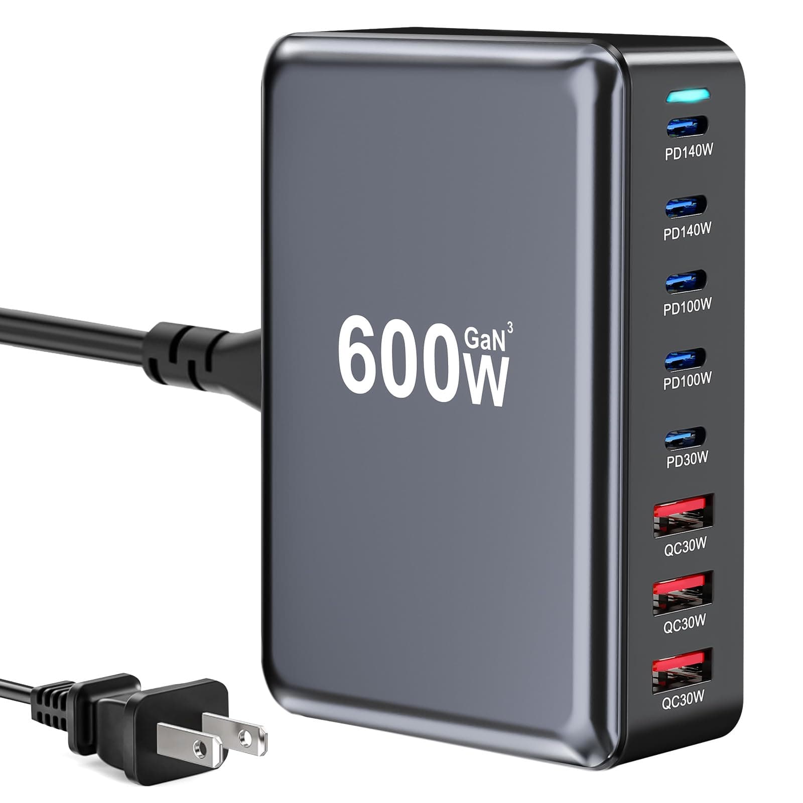 600W USB C Fast Charger Block,8 Port USB Charging Station,GaN Ⅲ Pro Double 140W PD3.1 PPS Port Fast Charging Station for Multiple Devices,Laptop Wall Charger Compatible with MacBook/iPhone 16/iPad etc