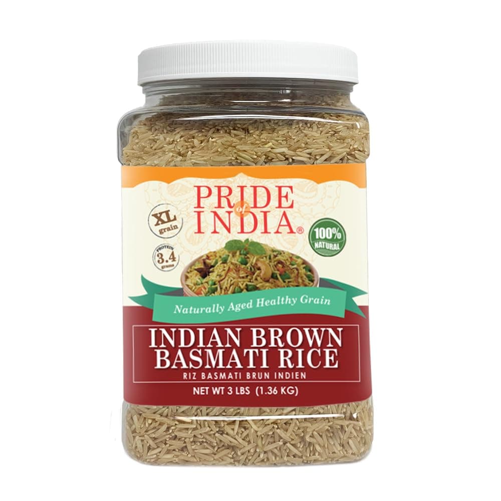 Extra Long Indian Brown Basmati Rice - Naturally Aged Healthy Grain Jar - Fragrant and Aromatic Rice – DASH diet Approved - 3 pound Jar
