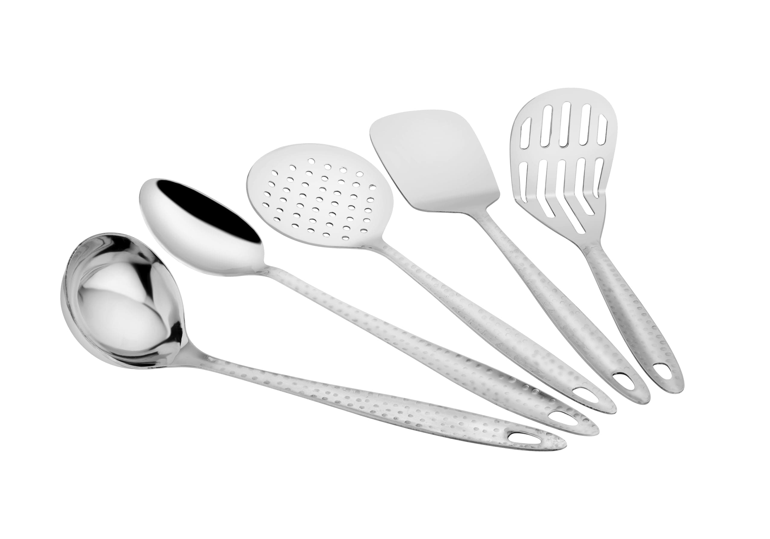 Parage 5 Pieces Stainless Steel Hammered Kitchen Tool Set for Cooking, Cooking Spoons Set, 13 inches, Silver (Contains: 1 Ladle, 1 Skimmer,1 Turner, 1 Spatula, 1 Potato Masher), Silver