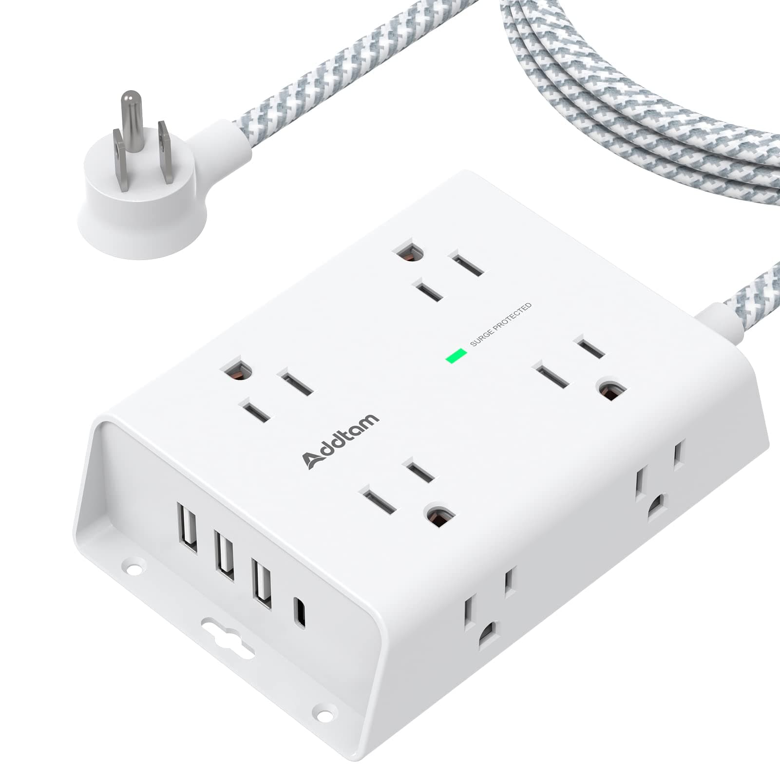 Surge Protector Power Strip - 8 Widely Outlets with 4 USB Ports(1 USB C Outlet), Addtam 3-Side Outlet Extender Strip with 5Ft Extension Cord, Flat Plug, Wall Mount for Dorm Home Office, ETL Listed