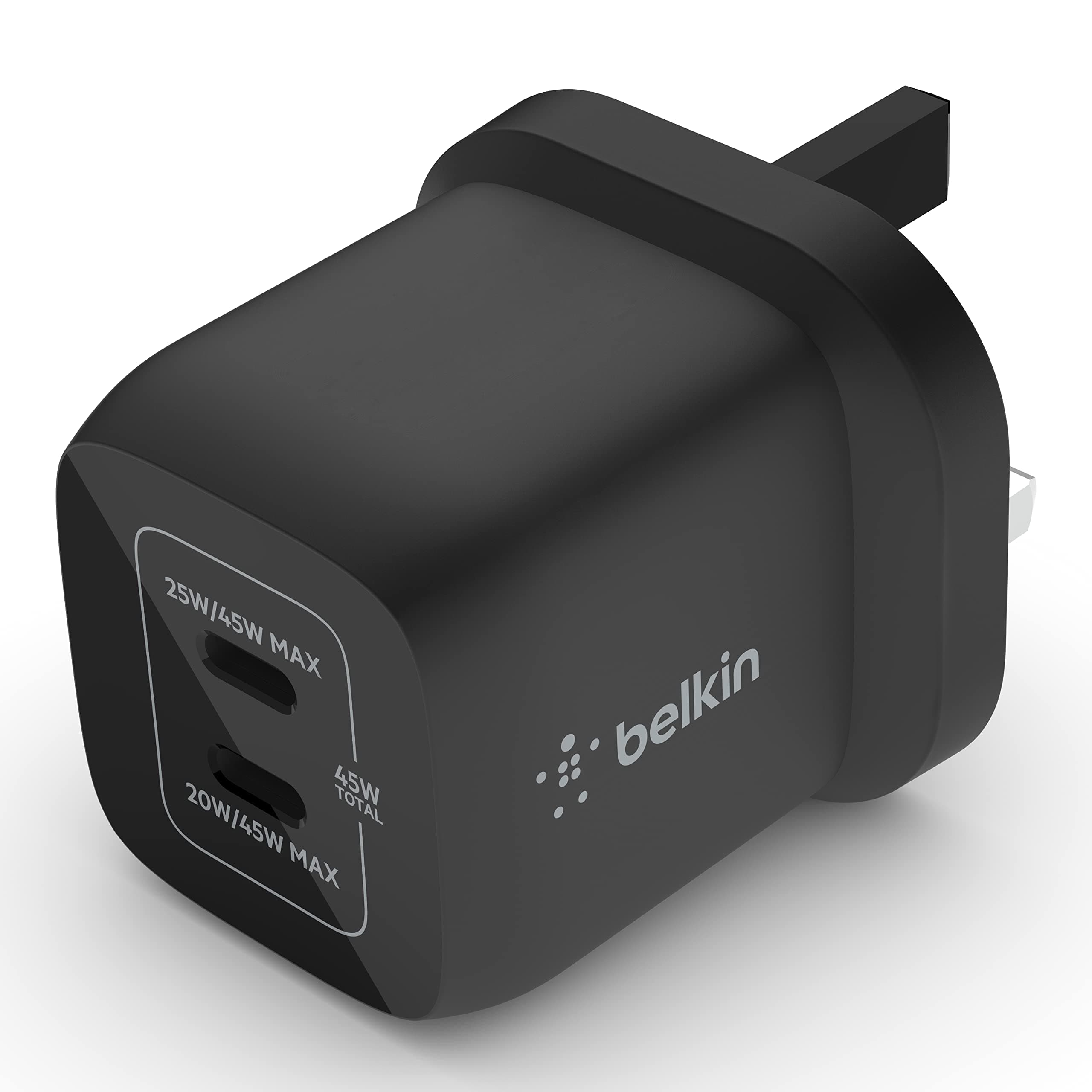 Belkin 45W Dual USB Type C Wall Charger, Fast Charging Power Delivery 3.0 with GaN Technology, USB C Charger for iPhone 17, iPhone Air, iPad Pro, MacBook, Samsung Galaxy S25, Pixel And More - Black