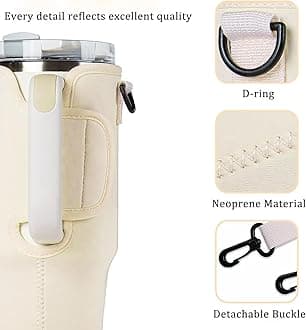 Water Bottle Holder with Strap, Water Bottle Carrier Bag with Phone Pocket, Shoulder Hand Strap Insulated Neoprene 40 oz Water Bottle Sleeve for Walking Hiking Camping Gym, Milky white