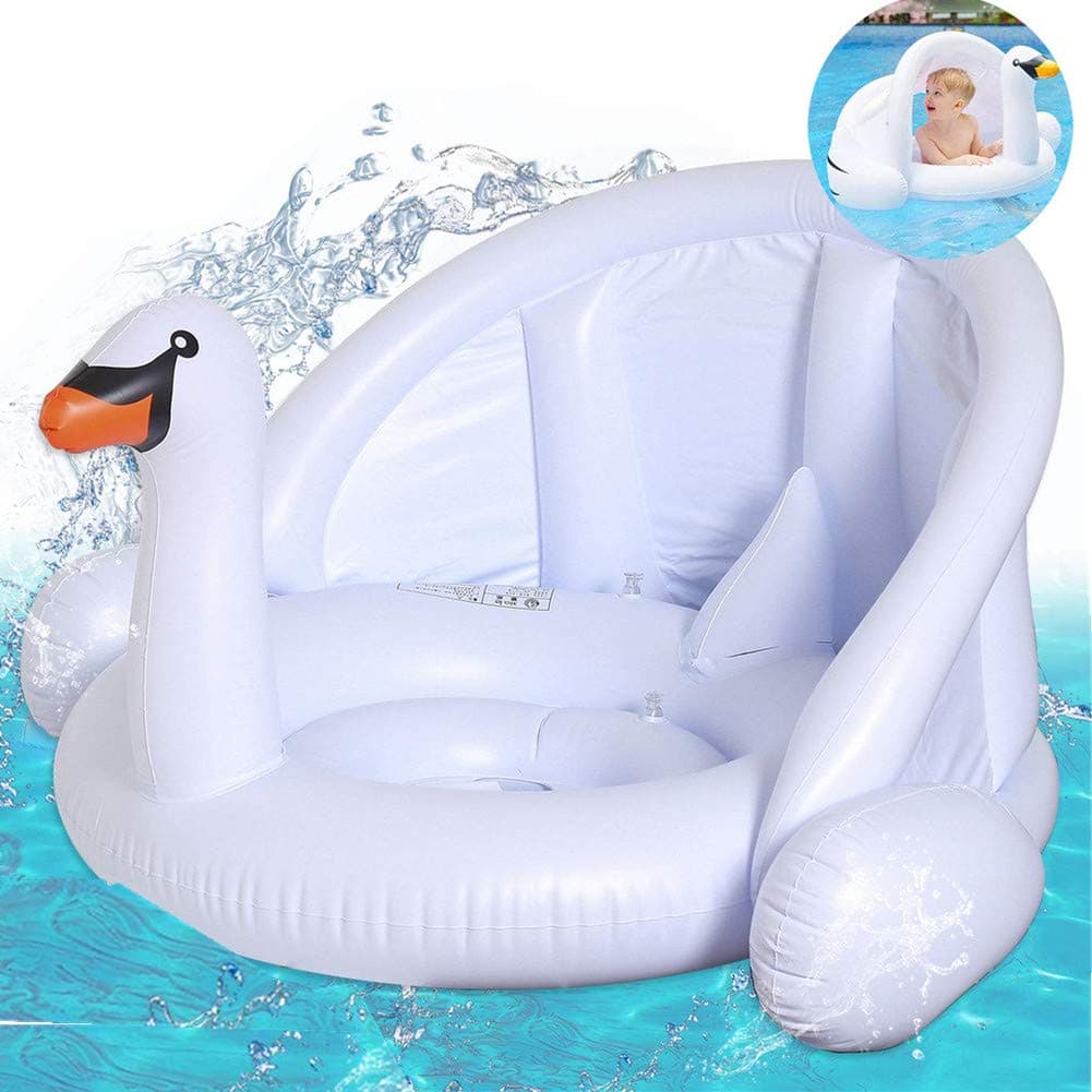 mciskin Baby White Swan Inflatable Pool Float with Sun Canopy Float Swimming Pool Toys Swan Baby Boat with Safety Seat Training Aid Outdoor Swimming Pool Bathtub Accessories for Age 6 Months-4 Years