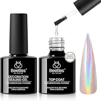 Beetles Chrome Top Coat Gel Nail Polish and Decoration Sealing Gel, 7.5ml*2PCS Chrome Nail Powder Shine Finish and Long Lasting, Soak Off LED U v Lamp Nail Art Design Diy at Home