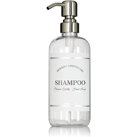 Refillable Clear PET Plastic 16 oz Shampoo Bottle with Stainless Steel Pump Dispenser - Chrome Accent Waterproof Labeled Bottle