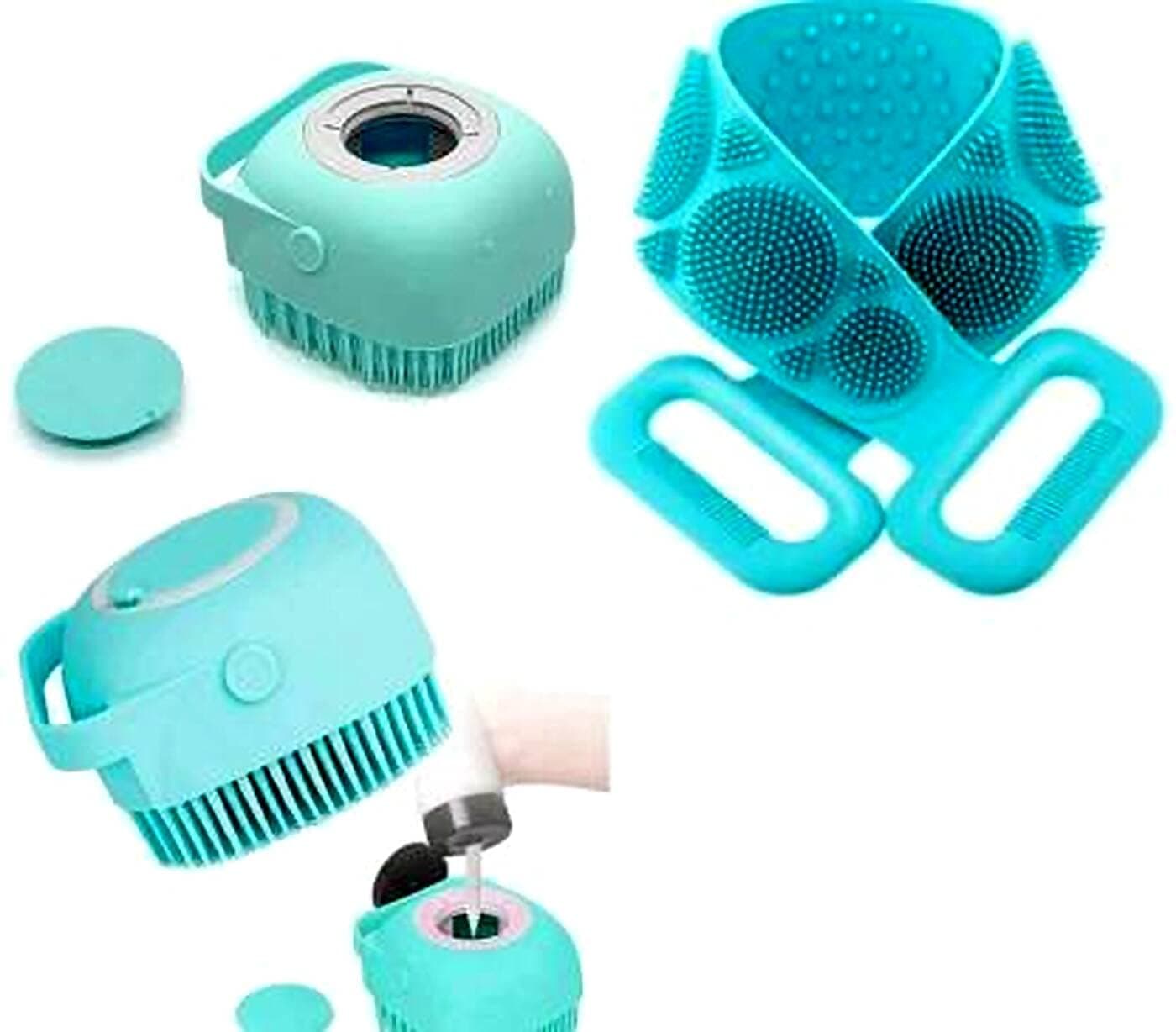 CLEZORA 2 Pcs Combo Silicone Soft Cleaning Body Bath Brush With Shampoo Dispenser Plus Back Scrubber Bath Brush Washer For Dead Skin Removal Gentle Massage Exfoliation For Kids Men And Women