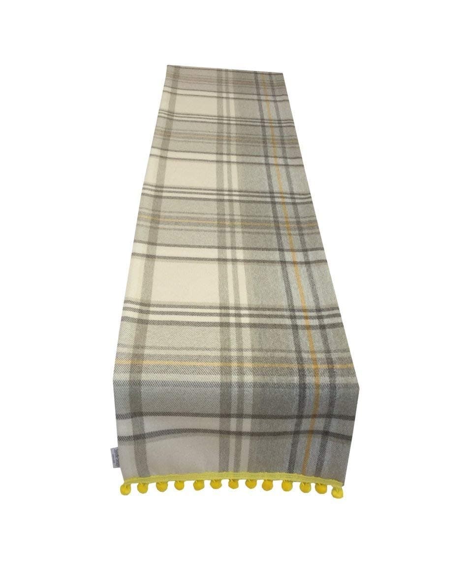 Table runner Bespoke Yellow POM POM trim Tartan,Check STRATHMORE interior design Fabric Grey Cream Mustard fully lined Faux Wool Made by Janelle Design Table/bed/wedding runner sofa throw ideal for Birthday party's Christenings summer garden party's (54")