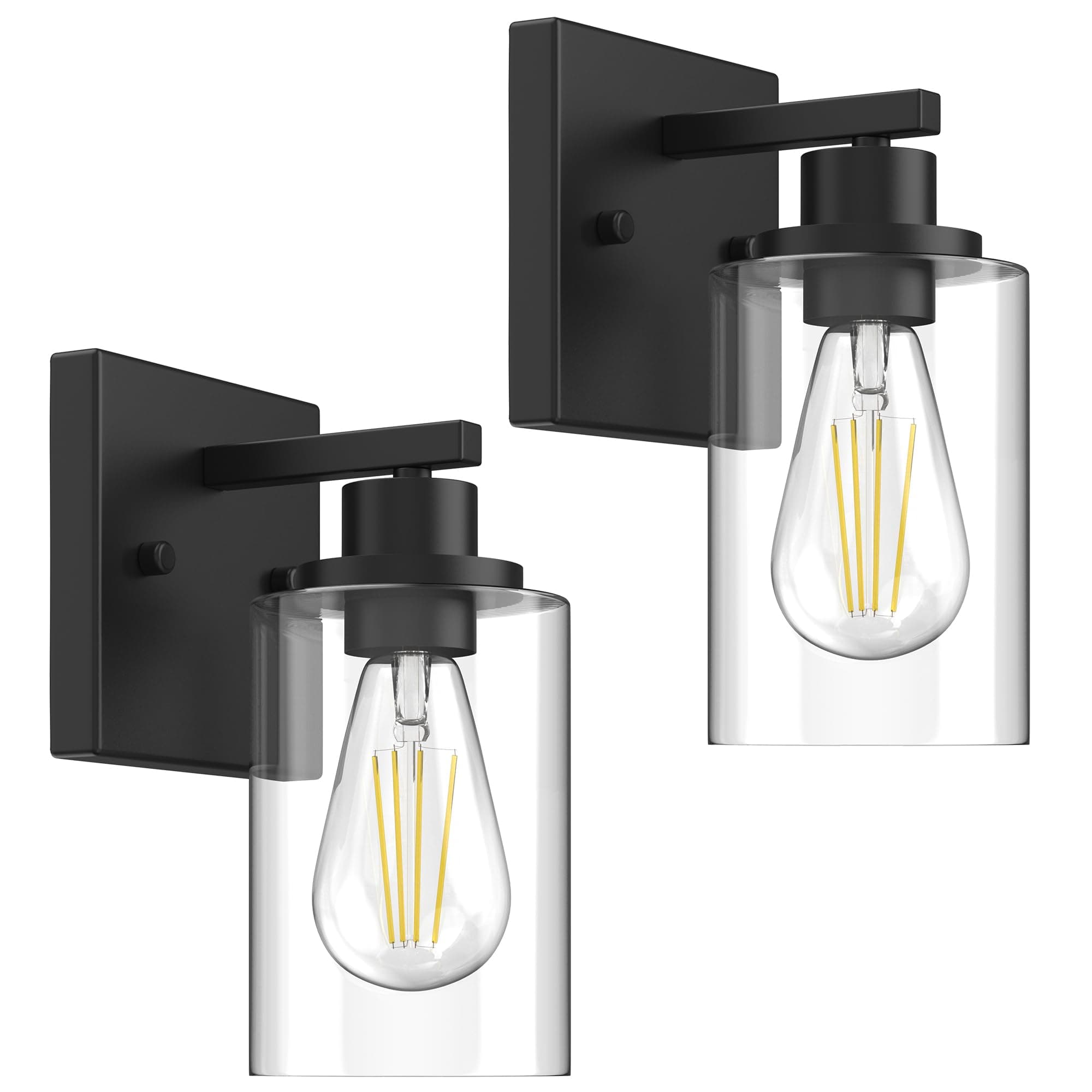 Wall Sconces Set of 2 Matte Black Vanity Lights for Bathroom, Modern Wall Light Fixtures Sconce Lights Indoor with Clear Glass Farmhouse Wall Mount Lamp for Bedroom Mirror Living Room Hallway E26 Base