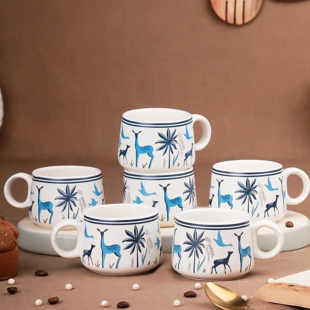 Stag Blue Ceramic Tea Cups Set of 6 Small Coffee Chai Serving Cups Micorwave Safe Ideal Gifts for Anniversary, Housewarming Parties