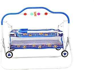 BABYBLESSING Baby Cradle with Swing and Mosquito Net | with 4 Wheels | Foldable & Movable | Sturdy and Safe | Durable | Jhulla | Palna | with Hanging Hammock | 0-15 Months | Blue