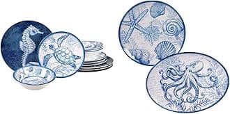 Certified International Oceanic 12 piece Melamine Dinnerware Set, Service for 4, Multi Colored & Oceanic 2 Piece Melamine Platter Set, Multi Colored, Large
