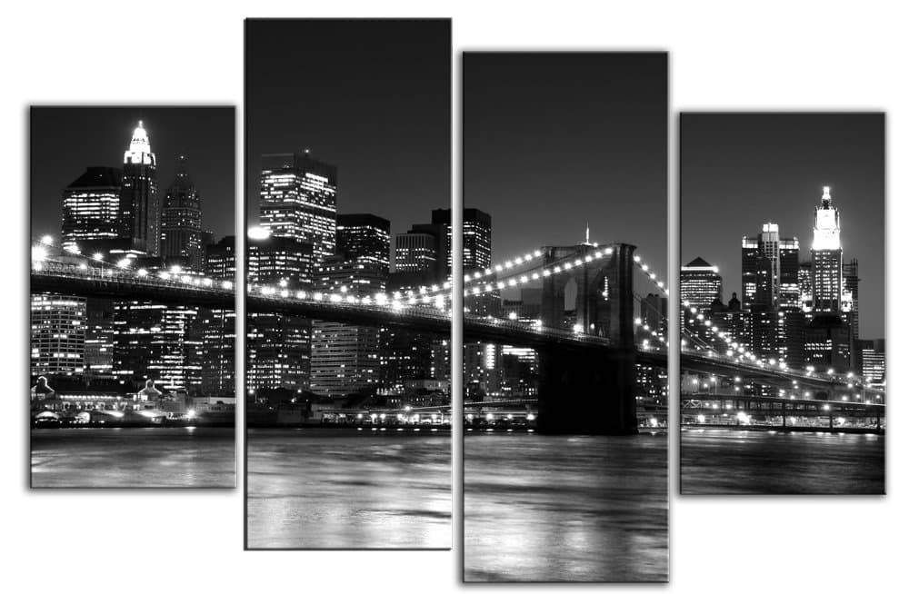 Large New York Brooklyn Bridge Black and white Canvas artwork 4 pieces multi panel split canvas completely ready to hang, hanging template included for easy hanging, UK company 40” width 28” height