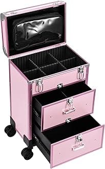Adazzo Professional Rolling Makeup Train Case with Drawers, Large Cosmetic Trolley with Locks, Cosmetics Storage Organizer Make up Case for Travel Makeup/Nail Art/Hair Styling, Matte Pink