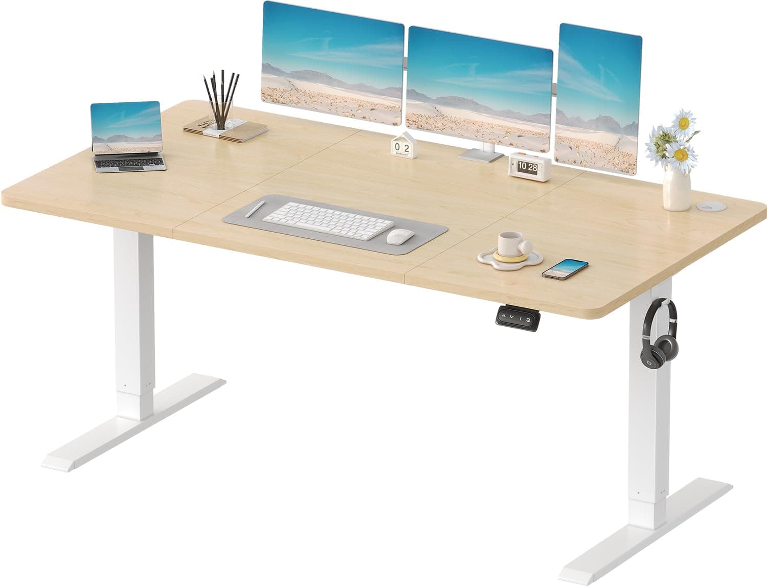 Devoko Electric Standing Desk 160x70cm, Height Adjustable Desk Ergonomic Stand up Table with 2 Memory Preset, Begie