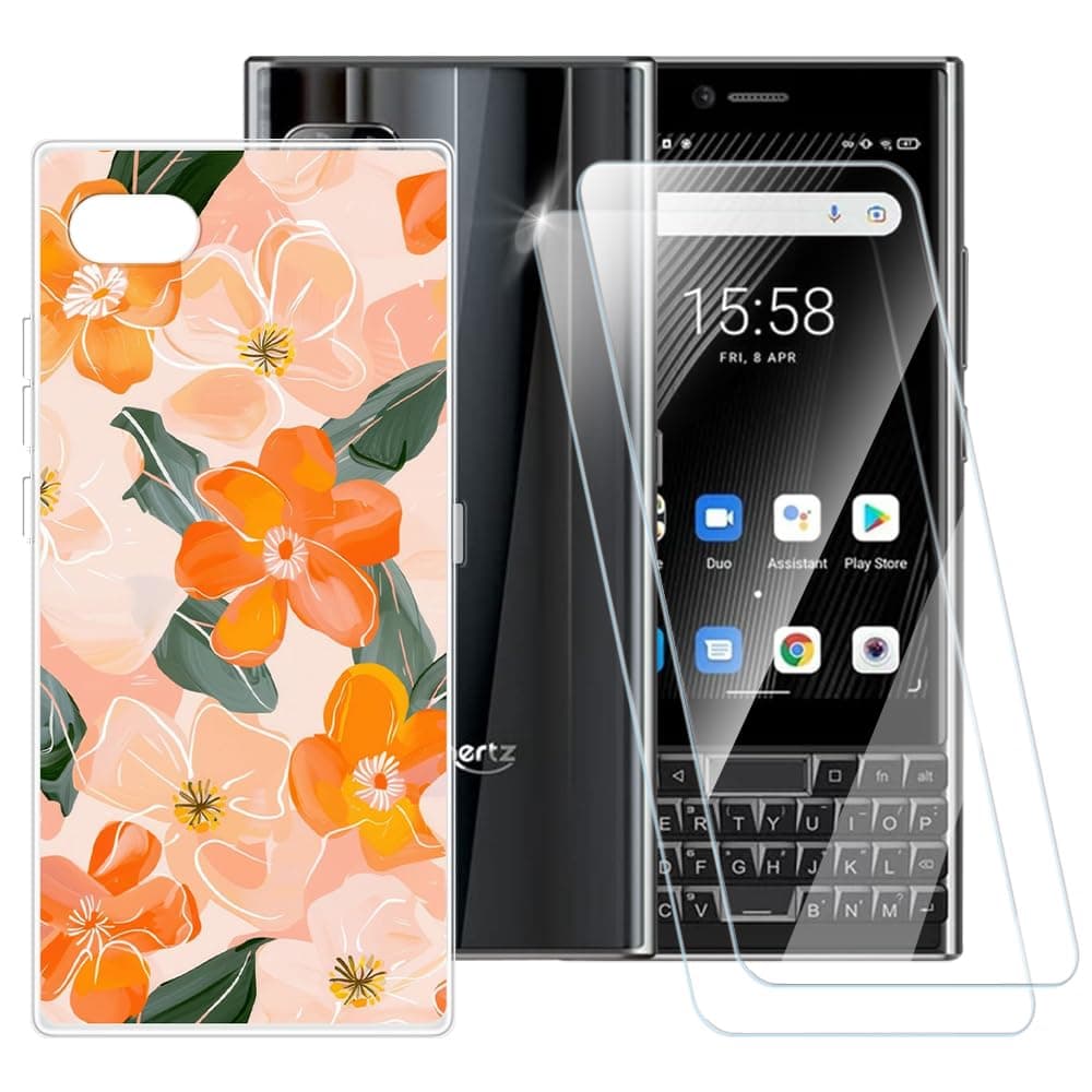 ESACMOT Orange Flowers Pattern Case Compatible with Unihertz Titan Slim + [2 Pack] Screen Protector Tempered Glass, Shockproof Case Cover for Unihertz Titan Slim (4.2 inch)