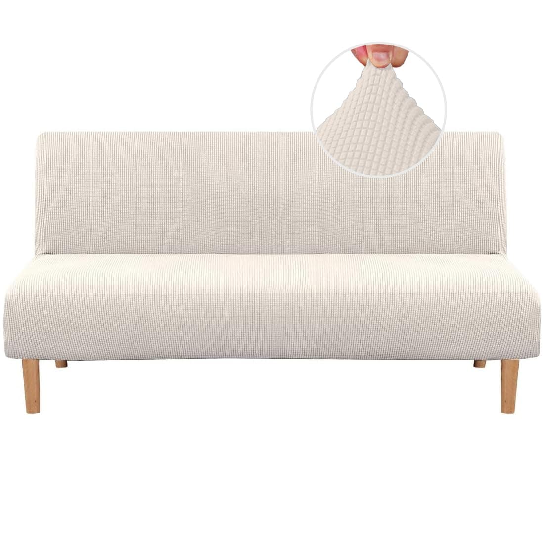 H.VERSAILTEX Armless Futon Cover Stretch Sofa Bed Slipcover Protector Elastic Feature Rich Textured High Spandex Small Checks Jacquard Fabric Futon Cover, Machine Washable, Ivory, One