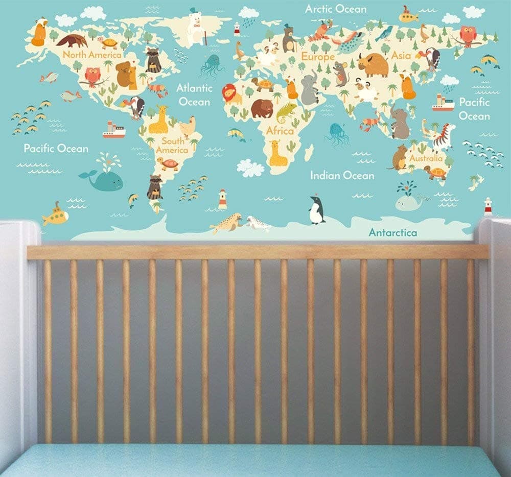 Animals theme world map wall mural sticker educational baby nursery bedroom wall art decor peel and stick (120x58cm)