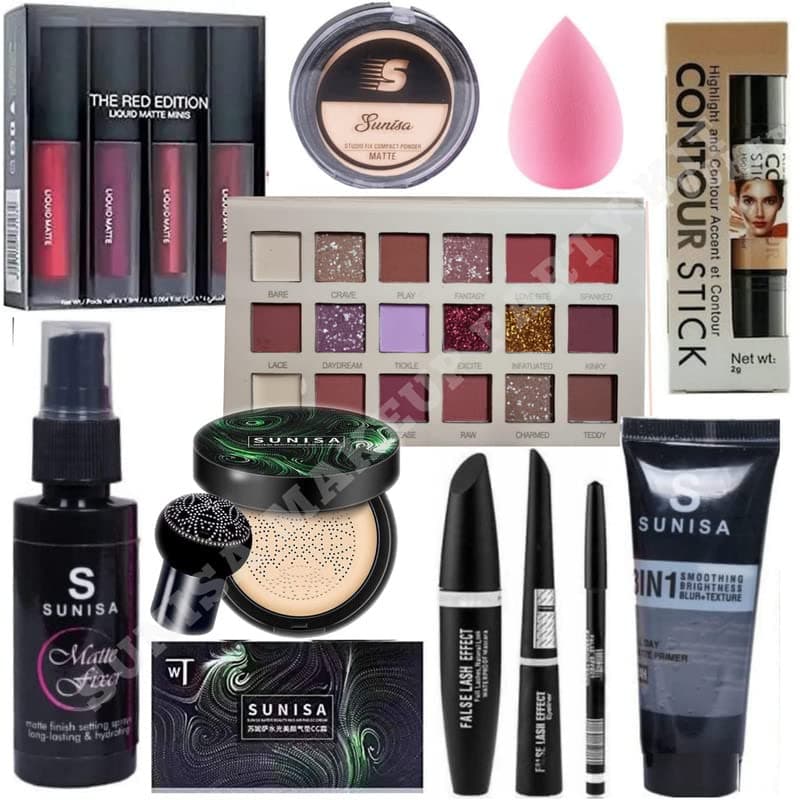 SUNISA All In One Makeup Kit Includes 11 Piece Set: 4 Matte Lipstick, Compact Powder, Contour Stick, 18 Eyeshadow, Makeup Fixer, Foundation & Primer (Multicolor)