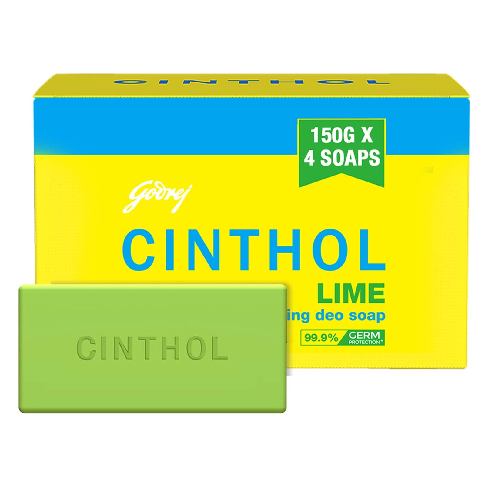 Cinthol Lime Soap, 150g (Pack of4) - 99.9% Germ Protection | Lime Fresh Fragrance | Soaps For Bath Grade 1 Soap | For All Skin Types
