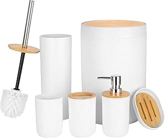 Fun Memories Bathroom Accessories Set 6 Piece Bamboo Bath Ensemble Includes Toothbrush Holder, Soap Dispenser for Decorative Countertop and Housewarming Gift, White