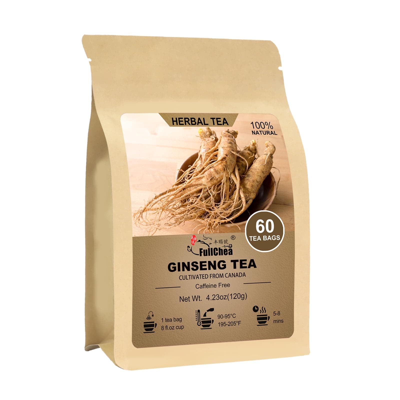 FullChea - Ginseng Tea bags, 60 Teabags - Pure Ginseng Root Tea - Caffeine-Free Herbal Tea with Wellness Support
