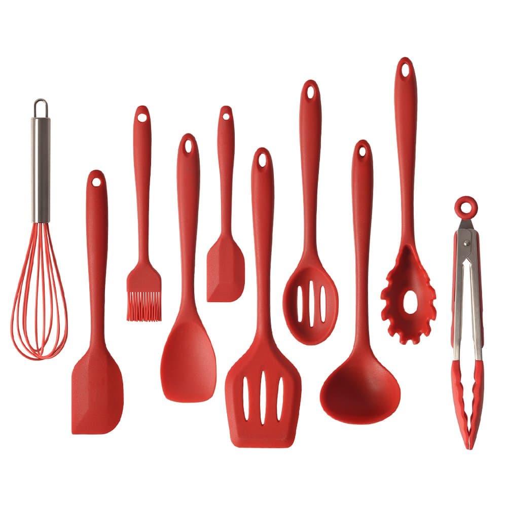 Silicone Kitchen Utensils 10 Sets,Heat Resistant and Non-Stick Cooking Spatulas for Pots & Pans - Serving Tong, Spoon, Spatula Tools, Whisk, Kitchen Gadgets Utensil Sets (Red)