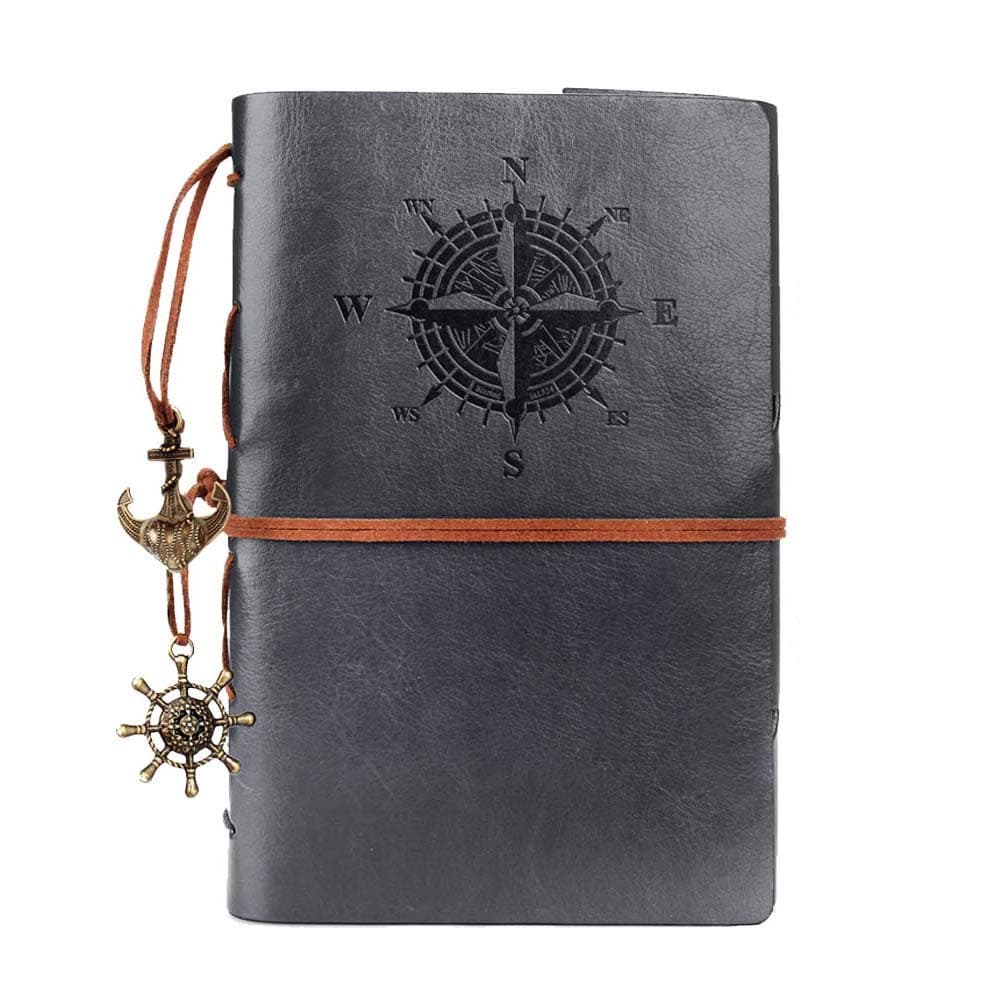 Vintage Refillable Journey Diary,Premium PU Leather Classic Embossed Travel Journal Notebook with Blank Pages and Retro Pendants (Gray)