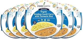 Food Earth Ready to Eat Indian Meal – Bombay Lentil Curry with Turmeric Rice – Organic, Vegan, Gluten-Free, GMO-Free, Plant-Based – Microwavable – 10.58 oz Each – Pack of 6