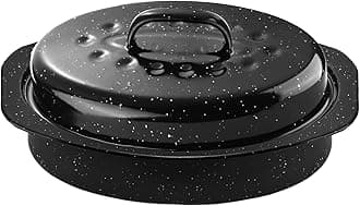 DIMESHY 13Inch Roasting Pan, Enamel on Steel, Black Covered Oval Roaster Pan with Lid, Small Cookware for Turkey, Small Chicken, Roast Baking Pan.