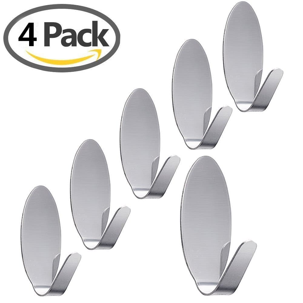 4PCs Adhesive Hooks, Heavy Duty Wall Hooks Waterproof Stainless Steel Hooks Wall Hanger Mounted Non-slip Hooks for Bathroom Kitchen Wall Door Ceiling,Dog Leash, Umbrellas, Scarves,Towels, Robes, Bags, Coats, Keys