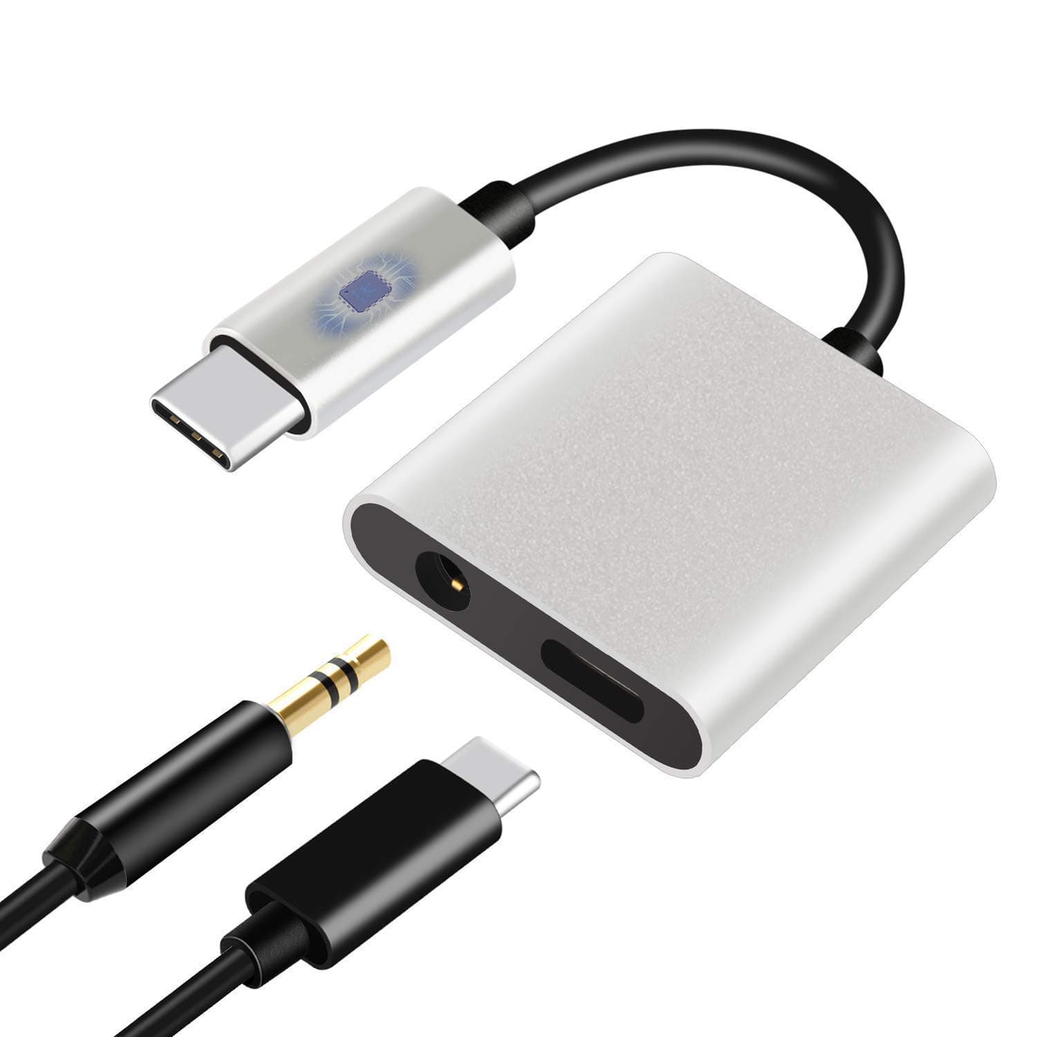 HiMusic 2 in 1 USB Type C Male to 3.5mm Female Stereo Earphone Converter Dongle and Charging Adapter Compatible with Google Pixel 3/3 XL/2/2 XL and More, Silver