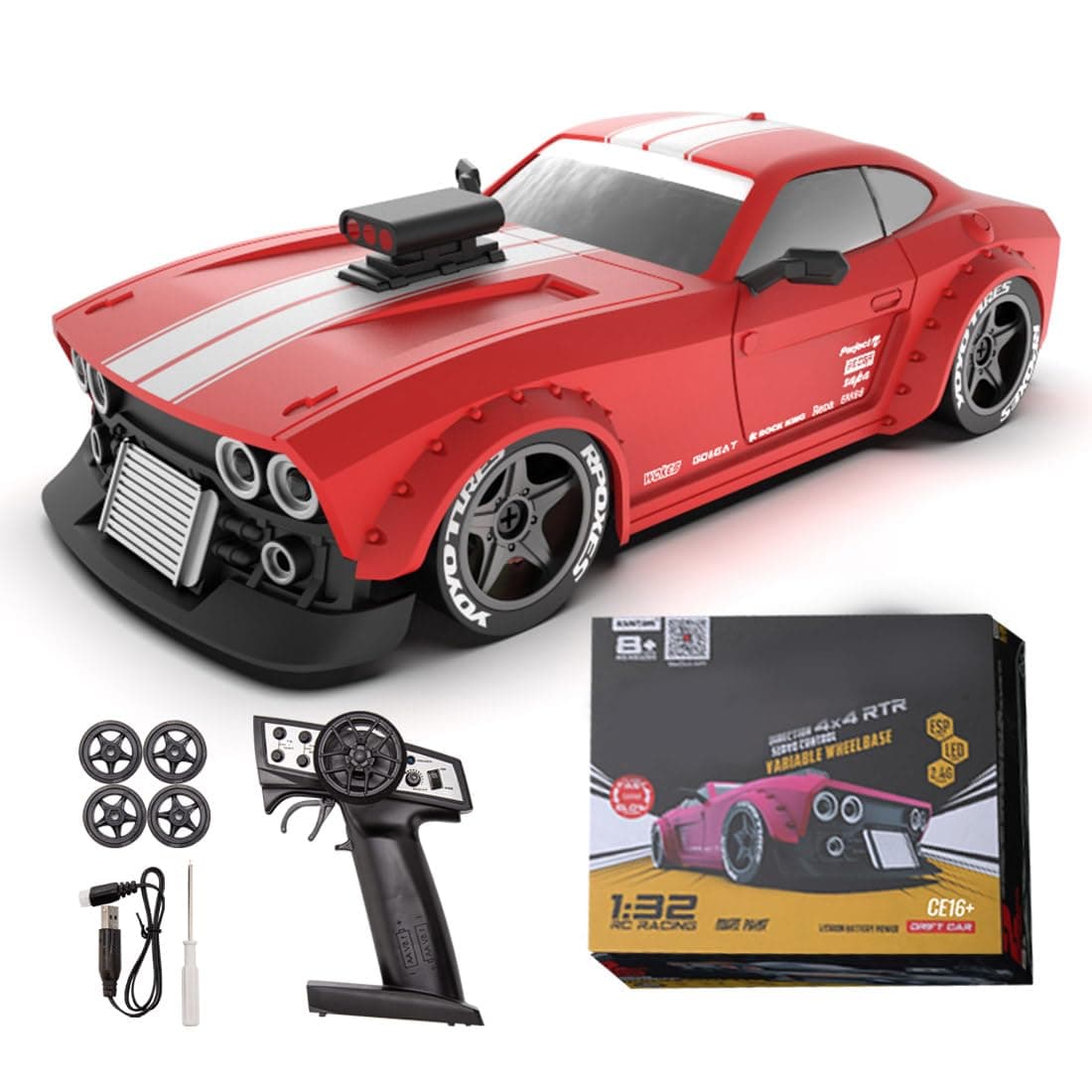 Aetheria 4WD RC Drift Car, ESP Gyro, LED Headlights, 1:32 High Speed Racing RC Vehicle Gifts for Adults Christmas KM3299 - Red