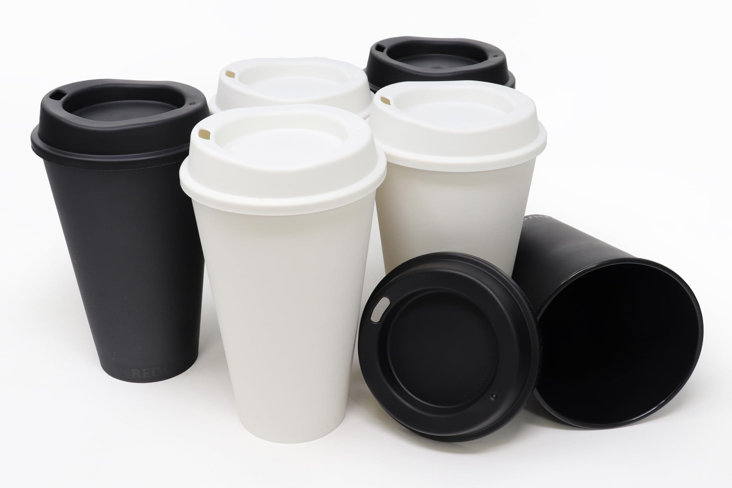 USA Made 16 oz Reusable Coffee Cups with Lids 6 Pk, To Go Travel Cups, Hot or Cold Drinks, Dishwasher and Microwave Safe, Black and White Mix