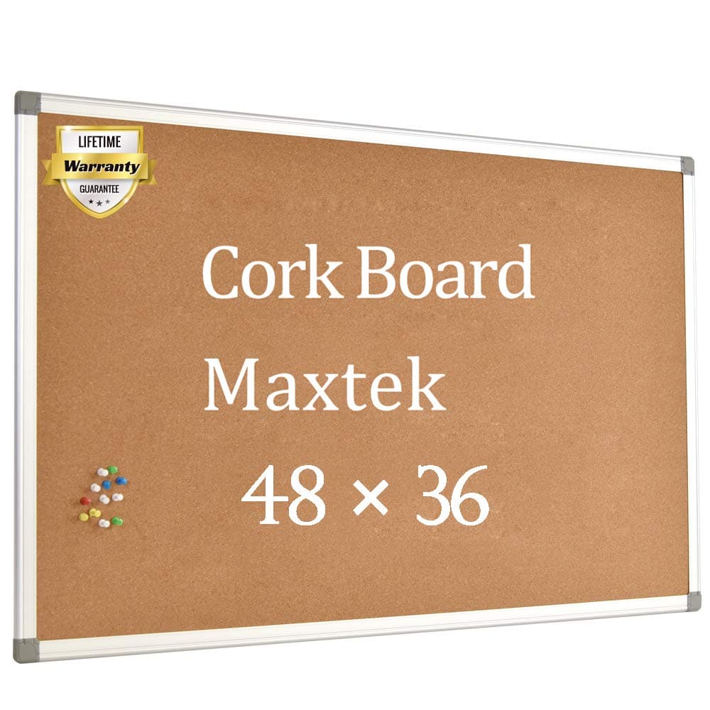 Maxtek Cork Board Bulletin Board 48 x 36, Silver Aluminium Framed 4x3 Corkboard, Office Board for Wall Cork, Large Wall Mounted Notice Pin Board Message Cork Board