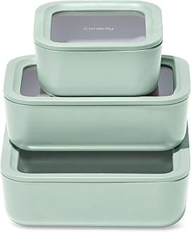 CarawayGlass Food Storage Trio – 10 Cup, 6.6 Cup, & 4.4 Cup Food Containers - Ceramic Coated - Non Toxic Non Stick Lunch Box Container with Glass Lids. Dishwasher, Oven, & Microwave Safe - Mist