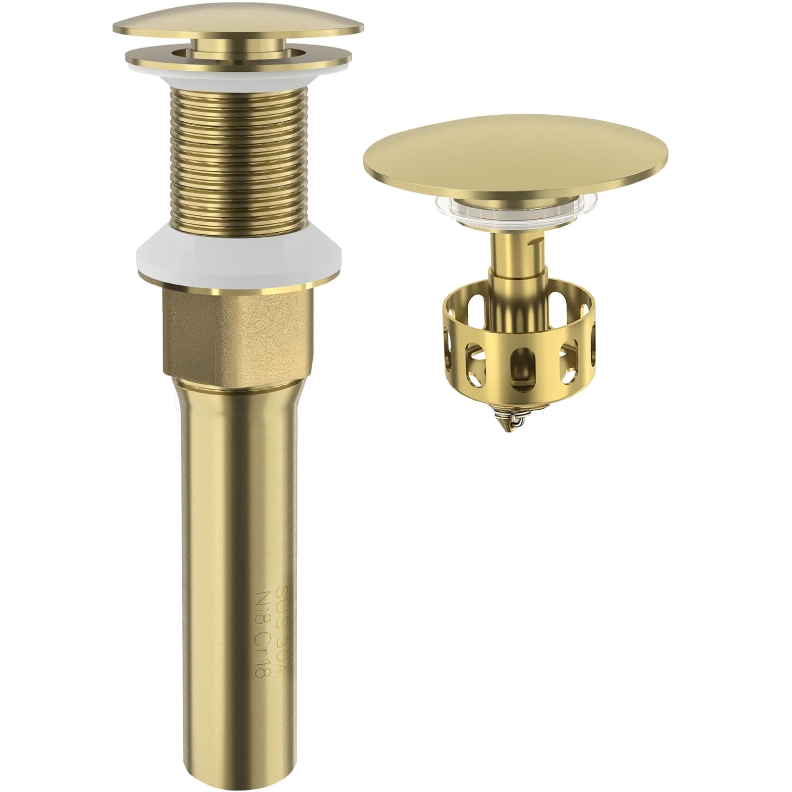 Pop Up Drain, Bathroom Sink Drain Stopper, Vessel Sink Drain Assembly with Detachable Basket Stopper, Anti-Explosion and Anti-Clogging Drain Strainer (NO Overflow, Brushed Champagne Gold)